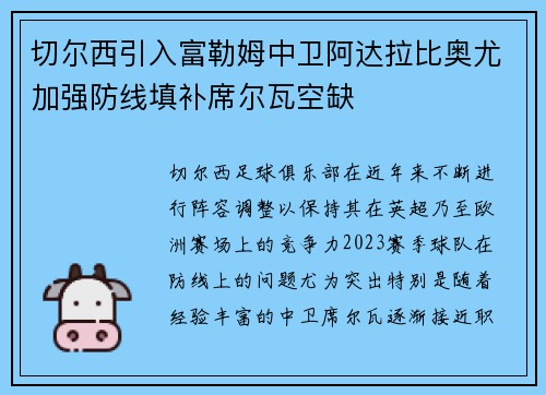 切尔西引入富勒姆中卫阿达拉比奥尤加强防线填补席尔瓦空缺